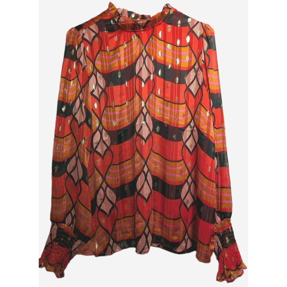 Joie Blouse Women L Heart Shape Metallic High Nk Balloon Sleeve Chiffon Camisole